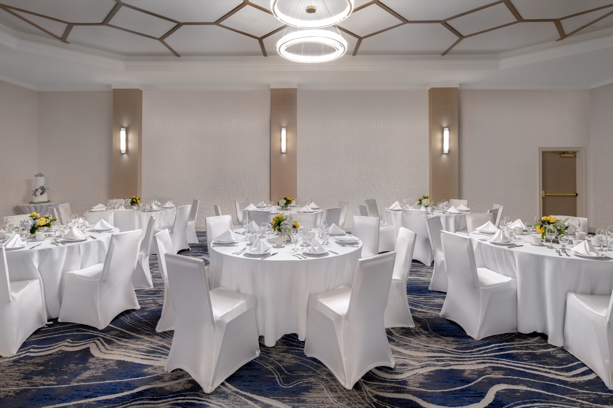 Grand Ballroom set for a white floral wedding reception