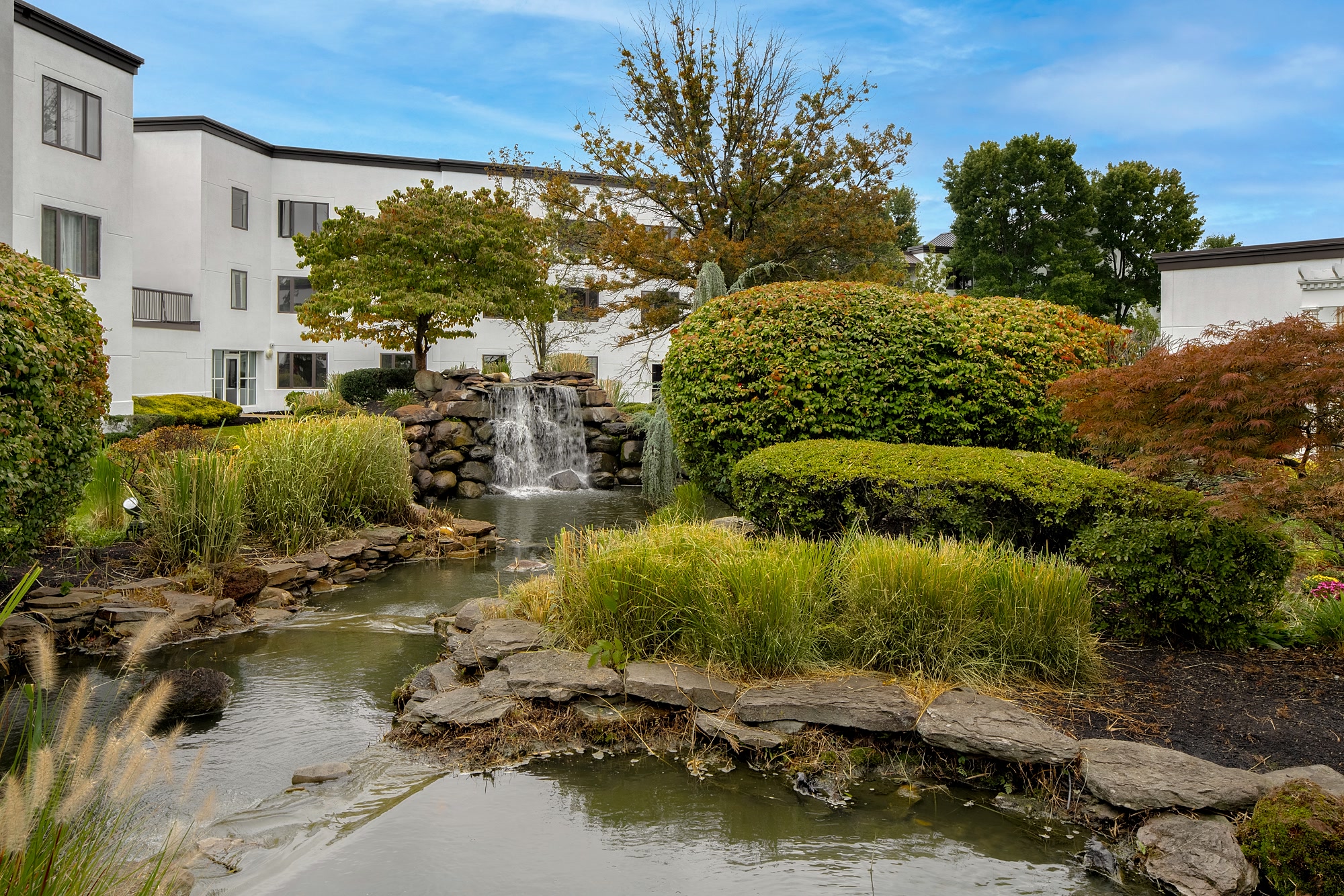 The courtyard waterfall spilling into the koi pond among stone and grasses