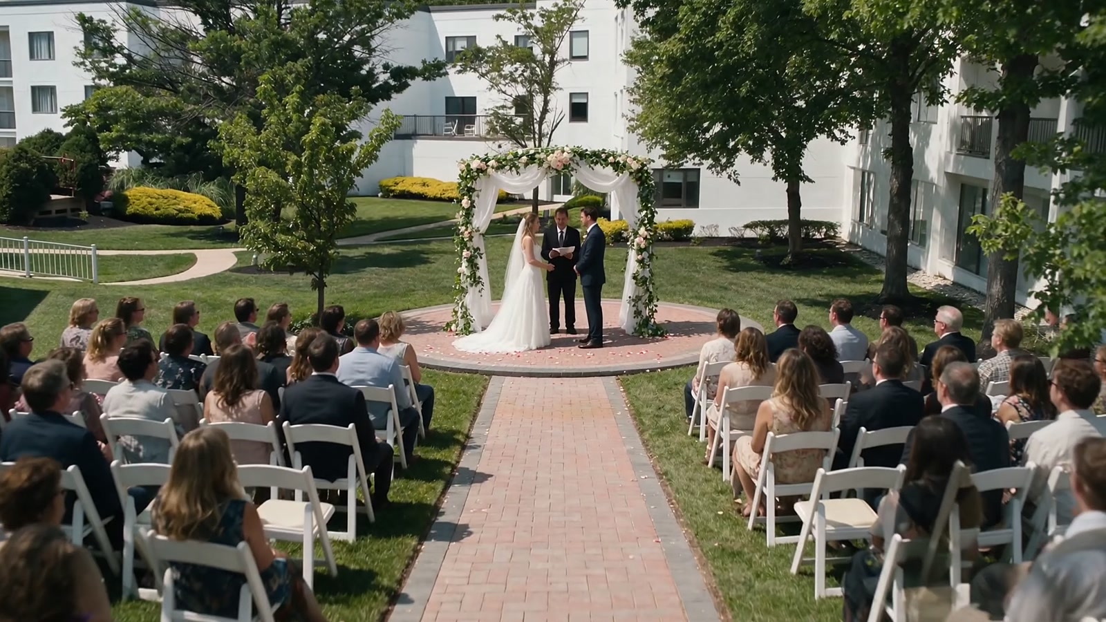 A couple beneath the floral ceremony arch on the garden lawn