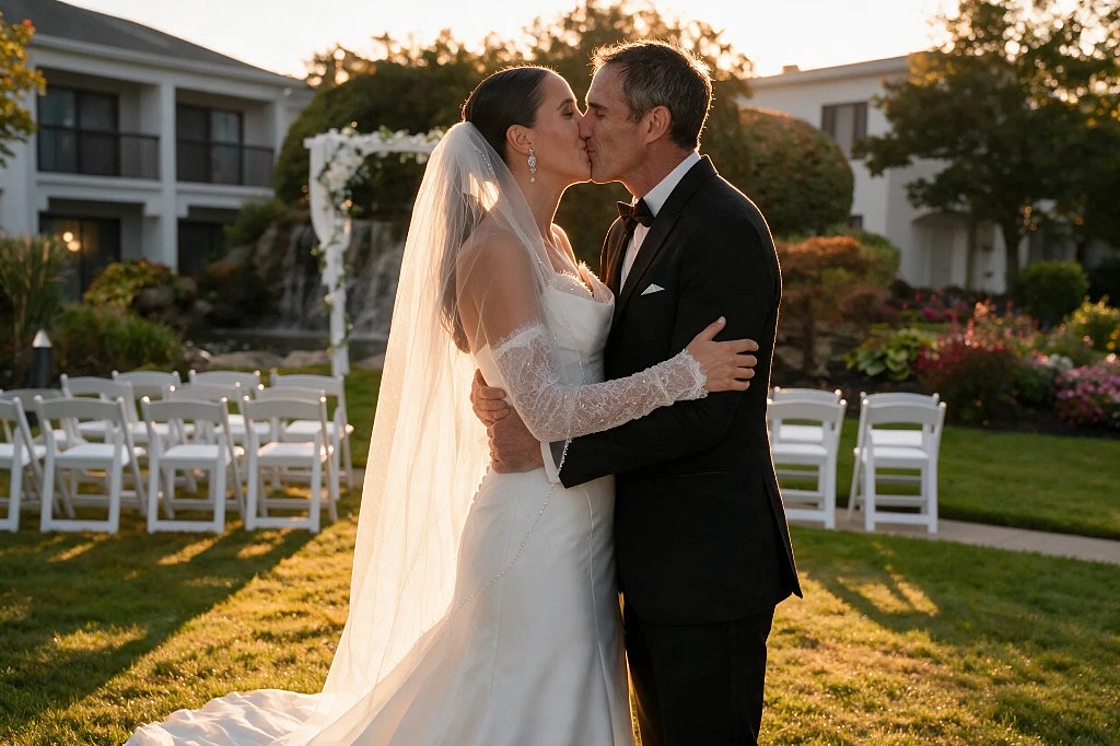 Newlyweds kissing at golden hour on the courtyard lawn