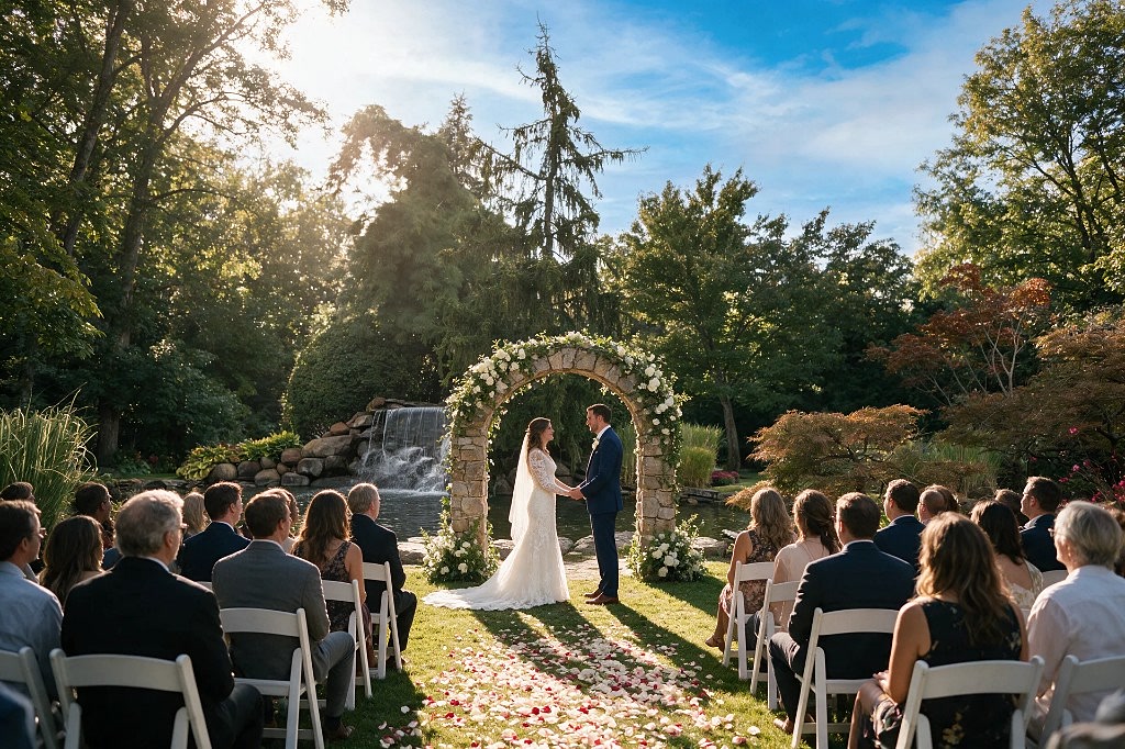 Bride and groom beneath the floral arch beside the waterfall garden