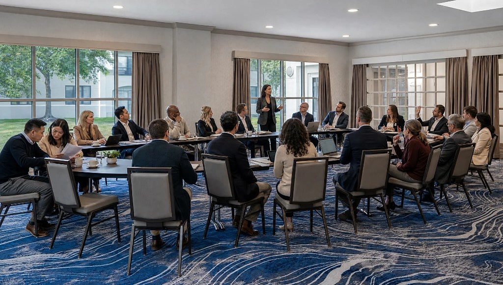 Corporate meeting around a U-shaped table in a daylit conference room
