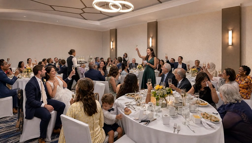 Guests raising glasses during a wedding reception toast in the ballroom