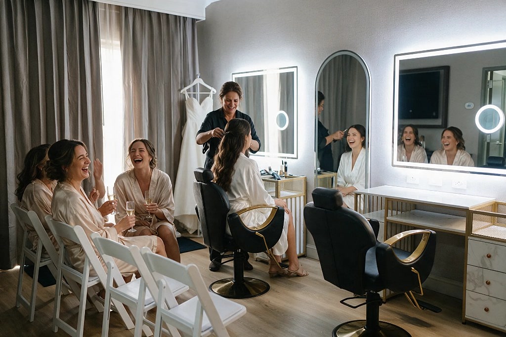 Bridesmaids laughing in champagne robes beside lit vanity mirrors